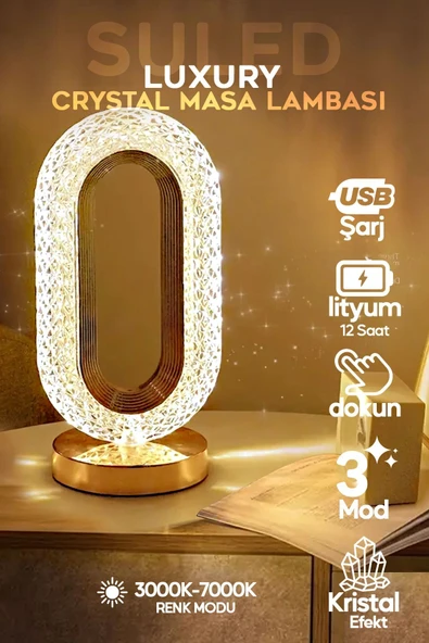 SULED Crystall Akustik Masa Lambası 3 Modlu USB Şarjlı Oval Dekoratif Şık Masa Lambası Kristal Efekt ürün görseli 1
