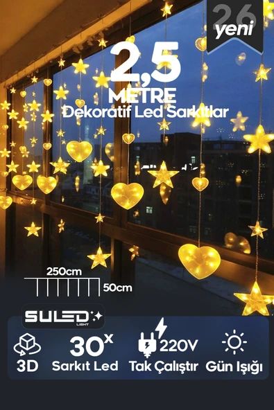 SULED Kalpli Led Sarkıtlar 2,5 Metre 30 Led Gün Işığı 220V Dekoratif 3D Perde ve Cam Süsleme Led Işık ürün görseli 1