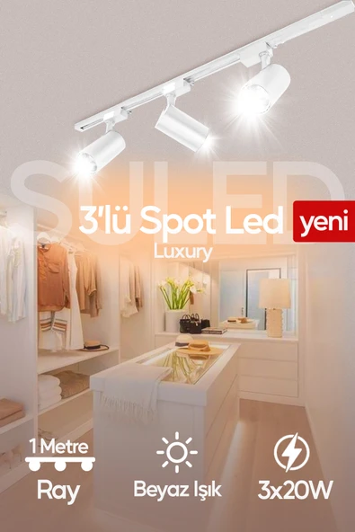 SULED Spot Işık 3'lü Set Beyaz Led Işıklı Beyaz Kasa 30w 1 Metre Raylı 3 Adet Ray Spot Lamba Armatür ürün görseli 1