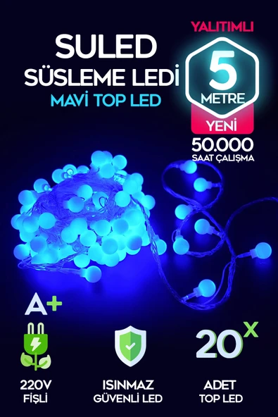 SULED Top Led Mavi Dekor Led Yılbaşı Led Işıkları 5MT Işıkları Top Dize Işıklar Masa Dekorasyon Noel Işık ürün görseli 1