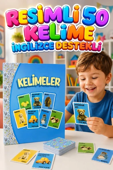 İngilizce - Türkçe Eğitim Kartları - 50 Kelime Kartı ile Çocuklar İçin Görsel Dil Gelişim Seti ürün görseli 1
