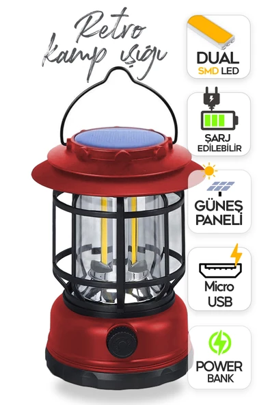 SULED Retro Kamp Lambası Fanus Fener USB Güneş Şarjlı 10W Güçlü Led Işık Power Bank Özellikli ürün görseli 1