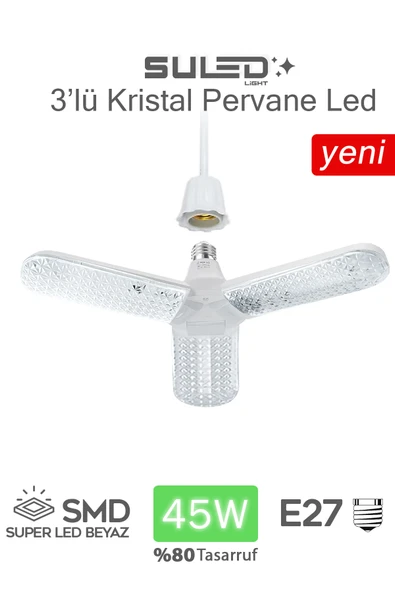 SULED Kristal Pervane 3 Kanat Led Ampül 45W 4500 Lümen Süper Güçlü E27 Lamba A Kalite Beyaz Işık ürün görseli 1