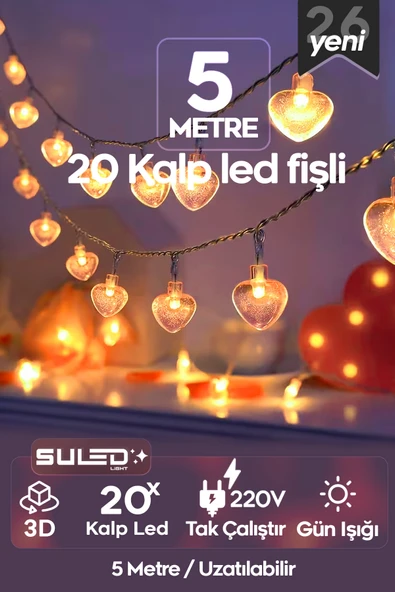 SULED 5 Metre Kalpli Led Işık 20 Kalp Dekoratif Süsleme Ledi 220V Fişli Gün Işığı Ortam Ambiyans Led ürün görseli 1