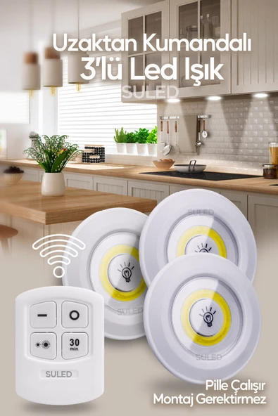 SULED Pilli Uzaktan Kumandalı Montajsız Yapışkanlı 3'lü Spot Led Işık Lamba Raf Niş Dolap Mutfak Işığı ürün görseli 1