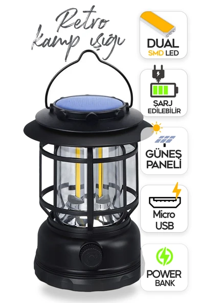 SULED Retro Kamp Lambası Fanus Fener USB Micro Güneş Şarjlı 10W Güçlü Led Işık Power Bank Özellikli ürün görseli 1