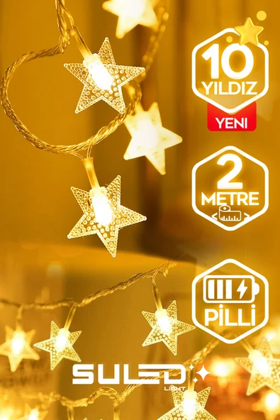 SULED 2 Metre Potart 10 Yıldızlı Dekoratif Led Işık Pilli Gün Işığı İç ve Dış Mekan Süsleme Parti Ambiyans ürün görseli 1