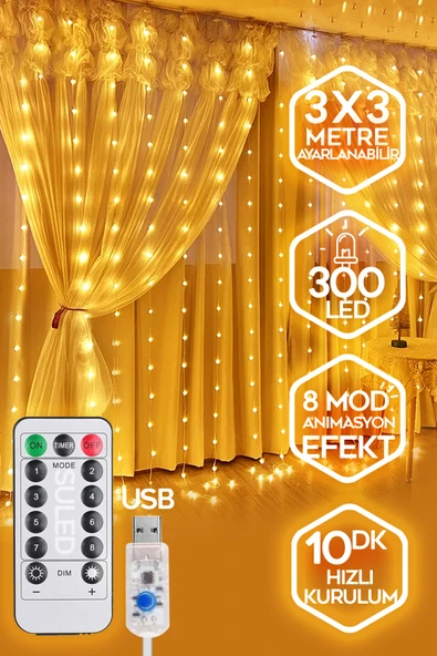 SULED Sl-1034- 300 Ledli 10 Saçaklı Sarı Led Kumandalı 8 Modlu Perde Led Peri Mutfak Işık Dekoratif Lamba ürün görseli 1