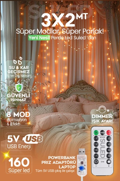 SULED Perde Led 3X2 Metre 160 Süper Led USB'li Ambiyans Dekorasyon Ledleri İç ve Dış Mekan Su Geçirmez ürün görseli 1