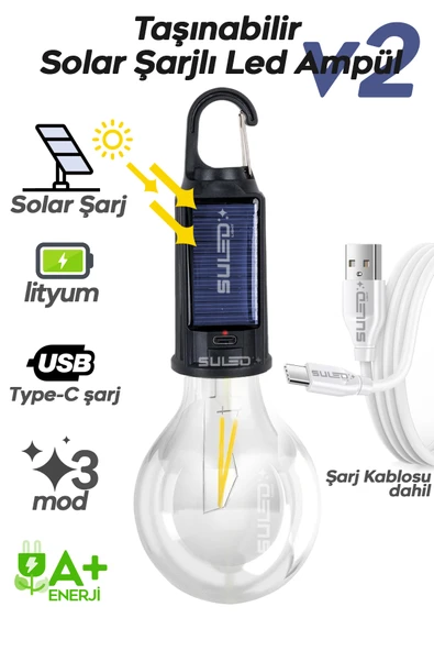 SULED Solar Şarjlı Taşınabilir Led Ampül V2 Outdoor Kamp Bahçe Lambası 10W Askılı Kırılmaz Led Işık ürün görseli 1