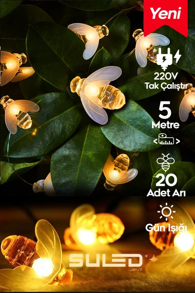 SULED 5 Metre Led Işık 20 Adet Arı Figürlü 220V Fişli - Tak Çalıştır İç ve Dış Mekan Süsleme Işıkları ürün görseli 1