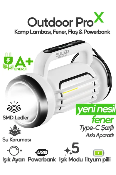 SULED Outdoor Pro2 Işıldak Profesyonel Kamp Lambası ve Fener Şarjlı USB Powerbank Özellikli ürün görseli 1