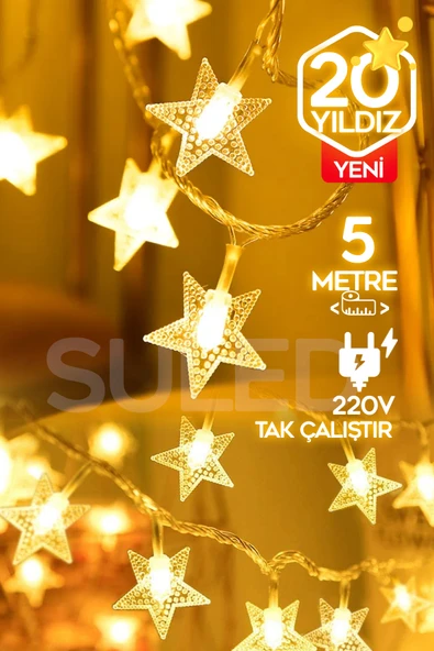 SULED 5 Metre Potart 20 Yıldızlı Dekoratif Led Işık 220v Fişli Gün Işığı Süsleme Parti Ambiyans ürün görseli 1