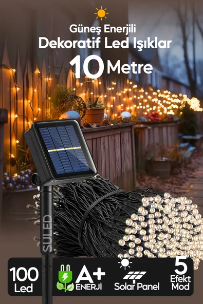 SULED 10 Metre Solar Enerjili Dekoratif 100 Led Işık Bahçe Balkon ve Süsleme Ledleri Gün Işığı ürün görseli 1