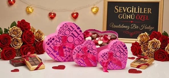 Sevdiklerinizi Mutlu Etmenin En Şık Yolu 3'lü Kalp Hediye Kutu Seti 3'lü Set I Love You Pembe ürün görseli 1