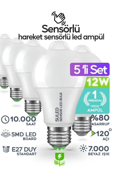 SULED Hareket Sensörlü Led Lamba 5 Adet Ampül Beyaz Işık 12w %80 Tasarruflu Otomatik Yanıp Söner ürün görseli 1