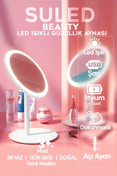SULED Beyaz Makyaj Aynası 3 Modlu Led Işıklı USB Şarjlı Yuvarlak Taşınabilir Açı Ayarlı Güzellik Aynası ürün görseli 1