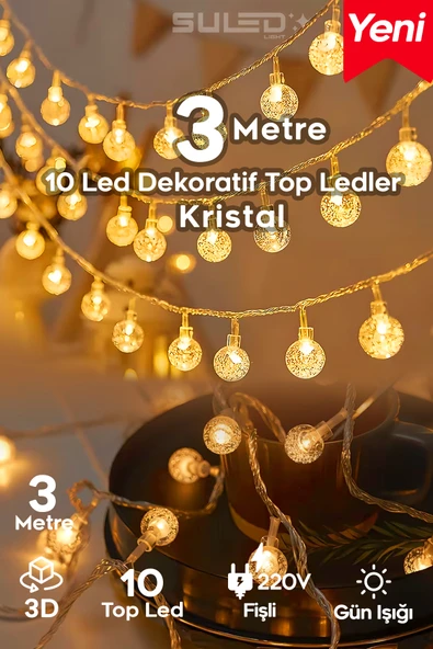 SULED 3 Metre 10 Kristal Top Ledli 220V Fişli Led Işık - Dekoratif Süsleme Işığı İç ve Dış Mekan Led Süs ürün görseli 1