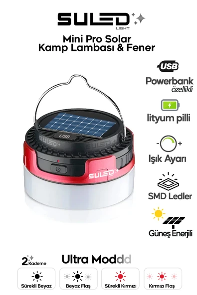 SULED Mini Pro Kamp Lambası ve Fener USB Power Bank Özellikli Solar Panel 4 Mod Flaşlı ürün görseli 1