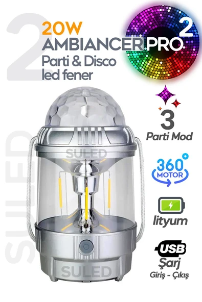 SULED Kamp & Disco 3 Modlu Parti Işığı 20W USB Şarjlı TYPE-C Çıkışlı El Feneri Çok Fonksiyonlu Led Lamba ürün görseli 1