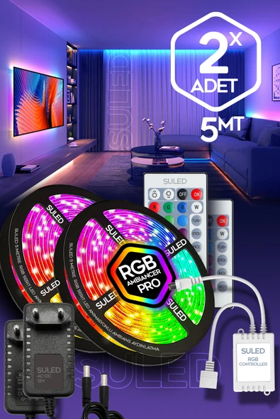 SULED 5MT X 2'li Set RGB Duvar Tavan Şerit Led Işık Ambiyans & Sabit 16 Renk Kumandalı Yapışkanlı 10 Metre ürün görseli 1
