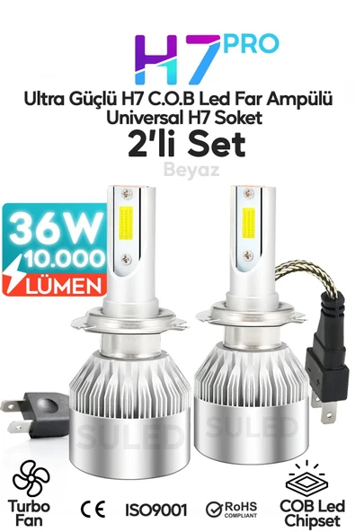 SULED H7 Beyaz Led Araba Far Ampülü 36W Turbo Yeni Seri Süper Güçlü COB Led Far Ampül Universal Uyumlu ürün görseli 1