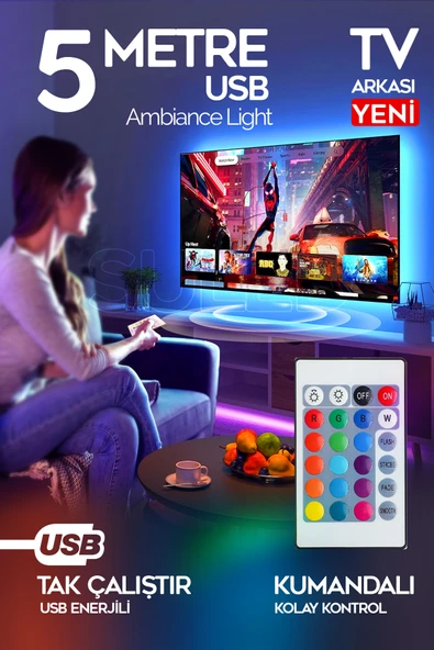 SULED 5 Metre USB TV Arkası & Dekoratif Ortam Ambiyans Aydınlatması Kumanda Kontrollü Tak Çalıştır ürün görseli 1