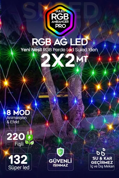 SULED RGB Süsleme Işığı 2X2 Metre 220V 8 Modlu Renkli Ağ Led Işık 132 Led İç ve Dış Mekan Su Geçirmez ürün görseli 1