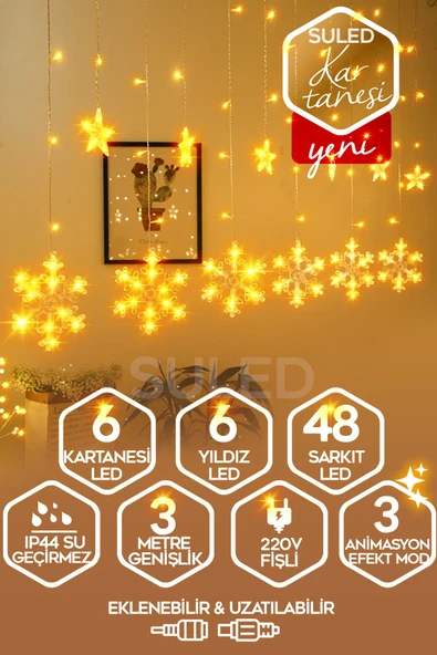 SULED Kar Tanesi Led Sarkıt Oda Parti Kutlama Dekor Süsleme Ledi 3 Metre 3mod 220v Sarı Led Işık ürün görseli 1
