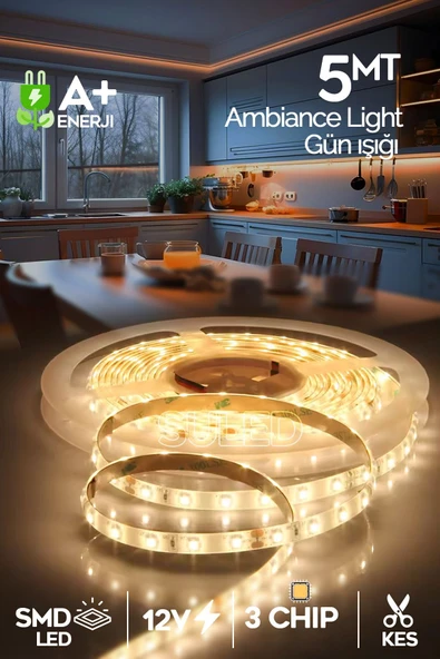SULED Şerit Led 5 Metre Gün Işığı 3 Çipli Pro Ambiyans Aydınlatma Mutfak Salon Yatak Odası Led Işık ürün görseli 1