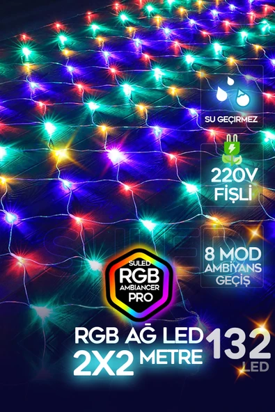 SULED RGB Ağ Led 2x2 Metre 132 Led 220V Fişli İç ve Dış Mekan 8 Modlu Ambiyans Aydınlatma ürün görseli 1