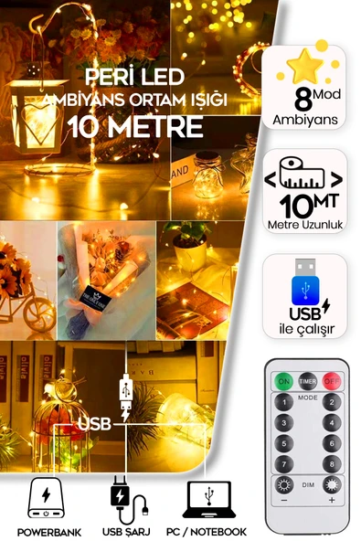 SULED Sl-1049 Peri Led 10 Metre Dekoratif Ortam Aydınlatma Kumandalı Usb'li Parti Süsleme Dekor Led Işık ürün görseli 1