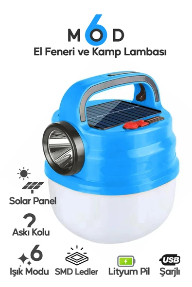 SULED 6 Modlu El Feneri ve Kamp Lambası USB & Solar Şarjlı SMD Led Askılı Taşınabilir Işık ürün görseli 1