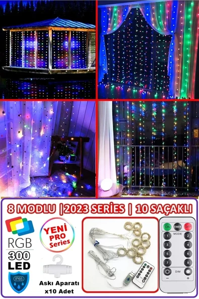 SULED Rgb Perde Led 3x3 Mt 300 Ledli 8 Modlu10 Saçaklı Kumandalı Peri Mutfak Işık Dekoratif Lamba ürün görseli 1
