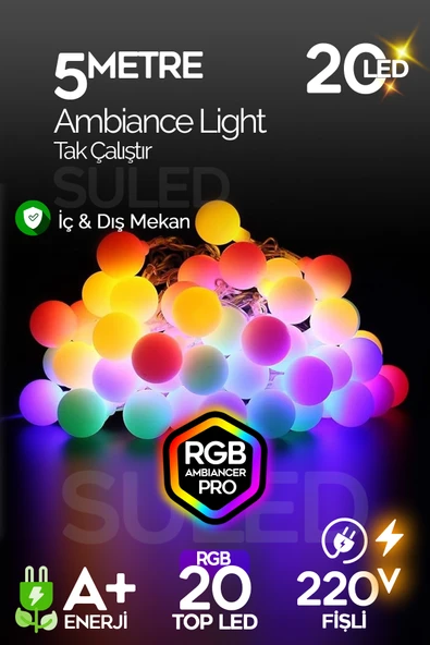 SULED Rgb 5 Metre Topled 20 Led 220v Fişli Tak Çalıştır Dekoratif Iç Ve Dış Mekan Aydınlatma Süsleme Işığı ürün görseli 1