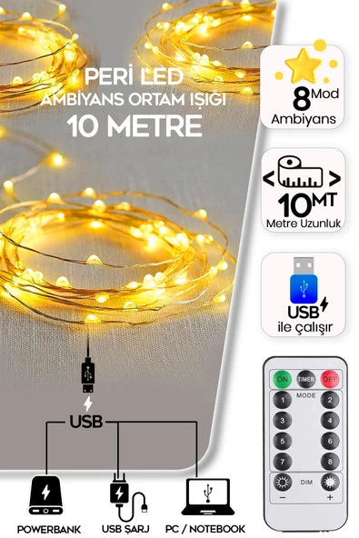 SULED Sl-1058 Peri Led 10 Metre Dekoratif Ortam Süsleme Işığı Kumandalı Usb Ile Çalışır Ambiyans Dekor Led ürün görseli 1