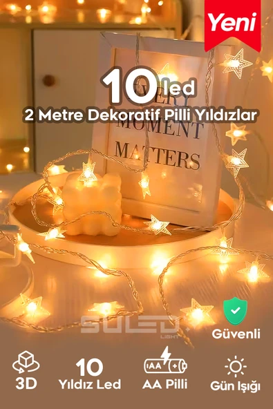 SULED 2 Metre Pilli 10 Yıldız Kristal Led Işık Dekor Süsleme Işığı İç ve Dış Mekan Dekorasyon Parti Süsü ürün görseli 1