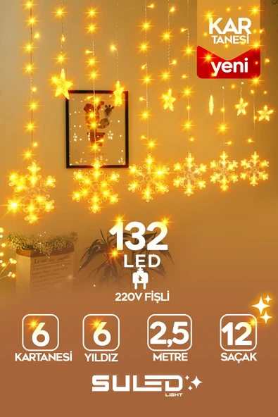 SULED Kar Tanesi 2,5 Metre 132 Led 12 Sarkıt Oda Parti Kutlama Dekor Süsleme Ledi 220v Sarı Led Işık ürün görseli 1