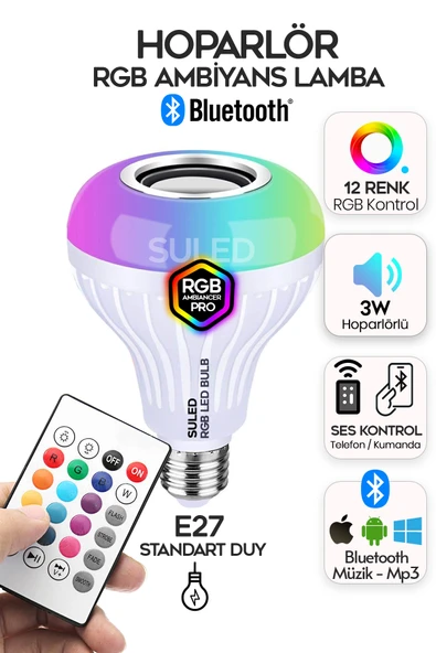 SULED Hoparlörlü Bluetooth Led Ampül RGB Ambiyans Aydınlatmalı IOS ve Android Uyumlu Led Işık ürün görseli 1