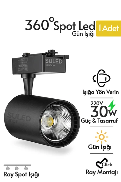 SULED Ray Spot Işık Siyah Kasa - Gün Işığı 360/90 Dönebilen 30W Ray Spotu Led Işık Pro 220V ürün görseli 1