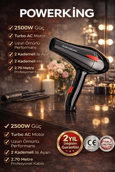 POWERKİNG 2500 WTTProfesyonel Fön Makinesi Kuaförlerin Tercihi 2Yıl Garanti İyonik Saç şekillendirici Hairdrey ürün görseli 1