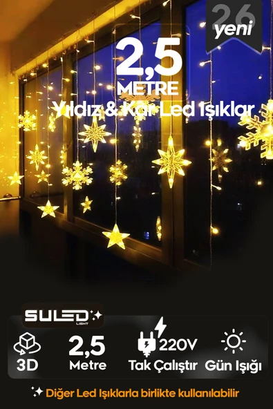 SULED Kar Tanesi Yıldız Led Işıklar 220V Gün Işığı 3D Süsleme Ledleri Perde Cam ve Oda Süsleme Led Işıklar ürün görseli 1