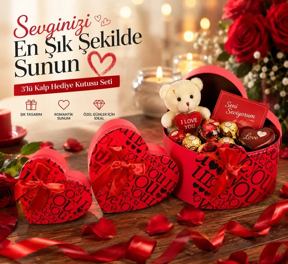Sevdiklerinizi Mutlu Etmenin En Şık Yolu 3'lü Kalp Hediye Kutu Seti 3'lü Set I Love You Kırmızı ürün görseli 1