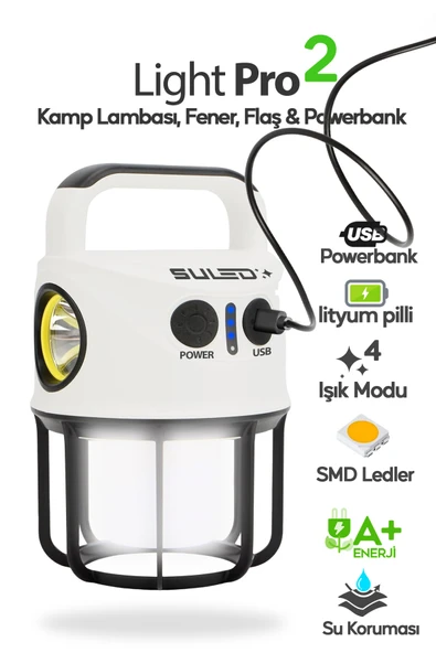 SULED Light Pro2 Işıldak Profesyonel Kamp Lambası ve Fener Şarjlı USB Powerbank Özellikli ürün görseli 1