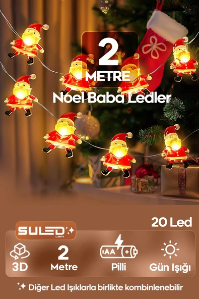 SULED Noel Baba Figürlü Ledler 2 Metre Pilli Süsleme Ledi 20 Led 3D Oda Ağaç Dekoratif Süsleme Ledi ürün görseli 1