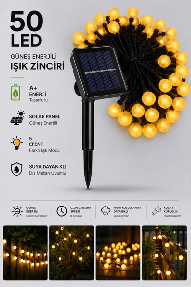 SULED  Solar Dekoratif 7 Metre 50 Kristal Top Ledalkon Teras Ağaç Bahçe Aydınlatması ürün görseli 1