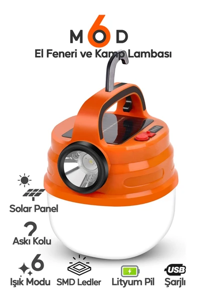 SULED 6 Modlu El Feneri ve Kamp Lambası USB & Solar Şarjlı SMD Led Askılı Taşınabilir Işık ürün görseli 1