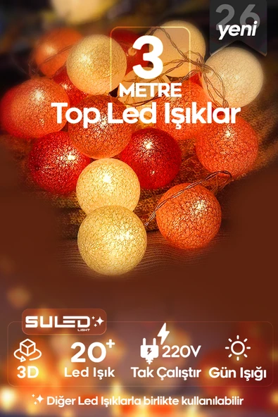 SULED 3 Metre Top Led Işık Sarkıtlar 220V 20 Led Gün Işığı 3D Fişli Ambiyans Süsleme Işığı ürün görseli 1