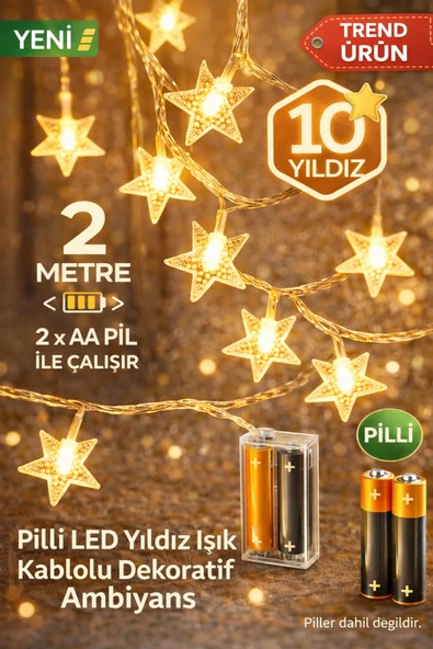 SULED 2 Metre Pilli Potart 10 Yıldızlı Dekoratif Led Işık Pilli Gün Işığı Süsleme Parti Ambiyans. ürün görseli 1