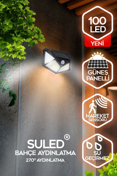 SULED Sl-1004 Güneş Enerjili Solar Lamba 100 Ledli Sensörlü Duvar Tipi Su Geçirmez Sokak Bahçe Lambası ürün görseli 1